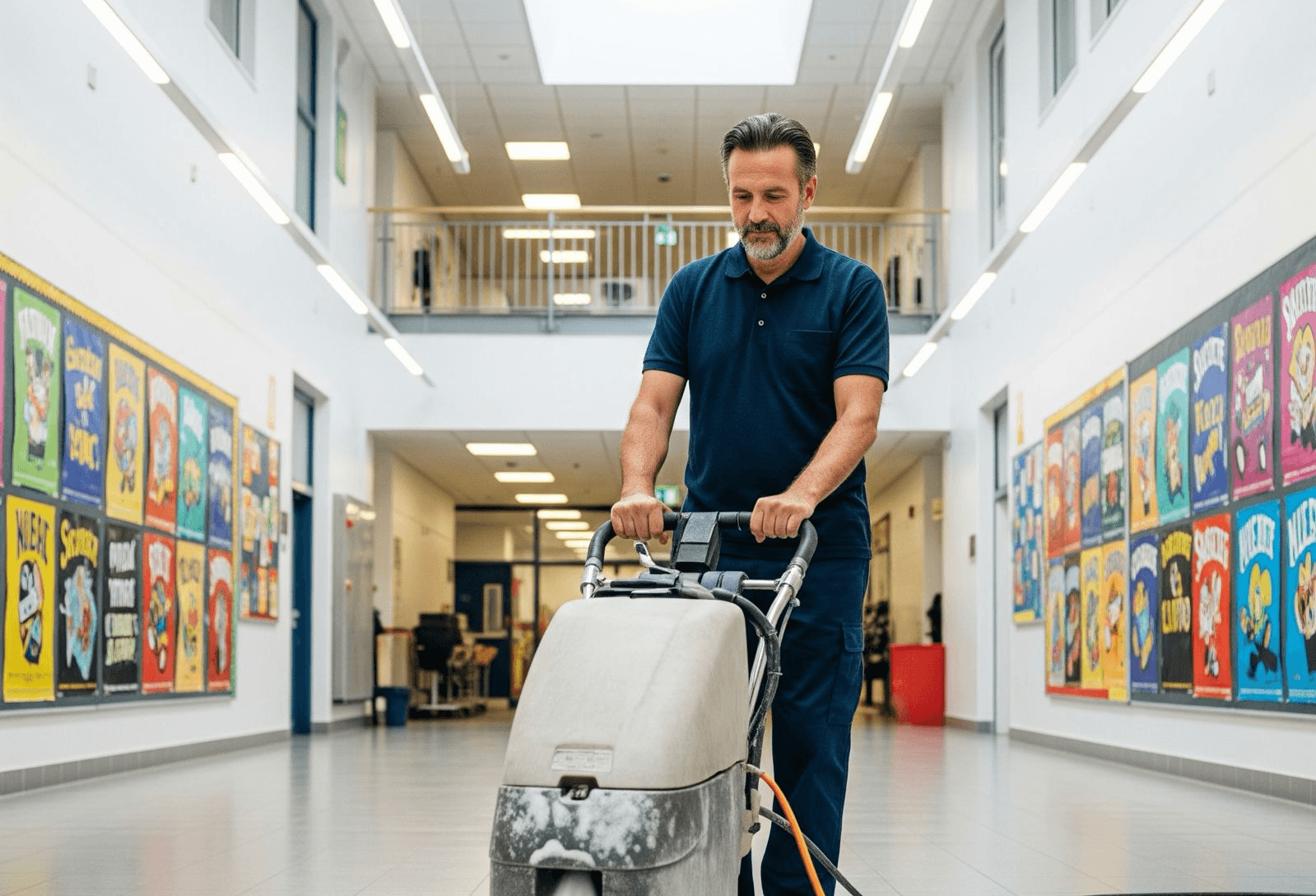 Schoonmaakmedewerker aan het werk in een schoolgebouw